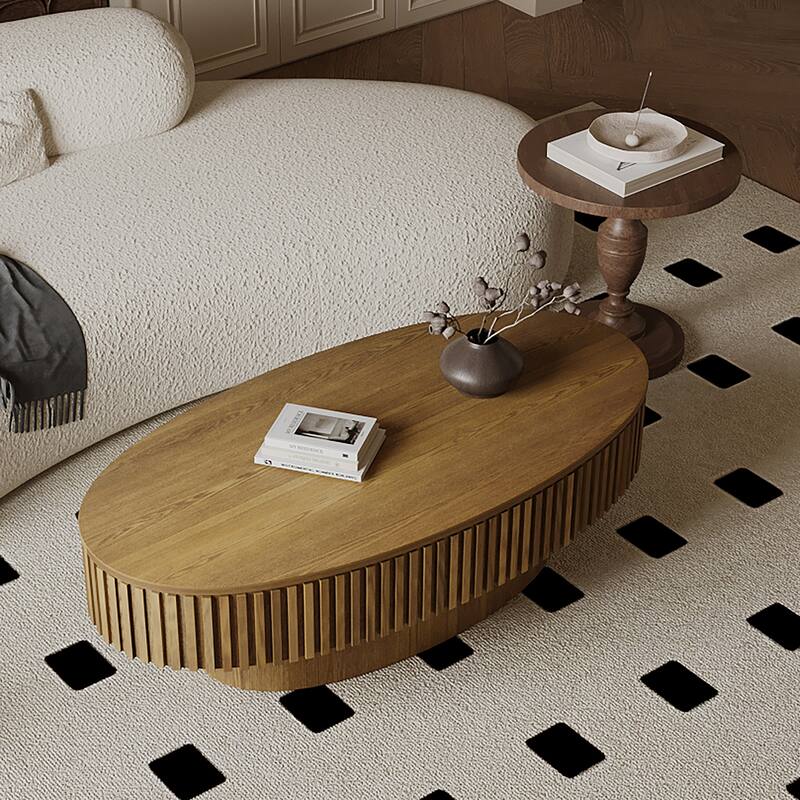 47'' Oval Coffee Table with Storage - Solid Wood Veneer Modern Tea Table for Living Room, Bedroom, Apartment