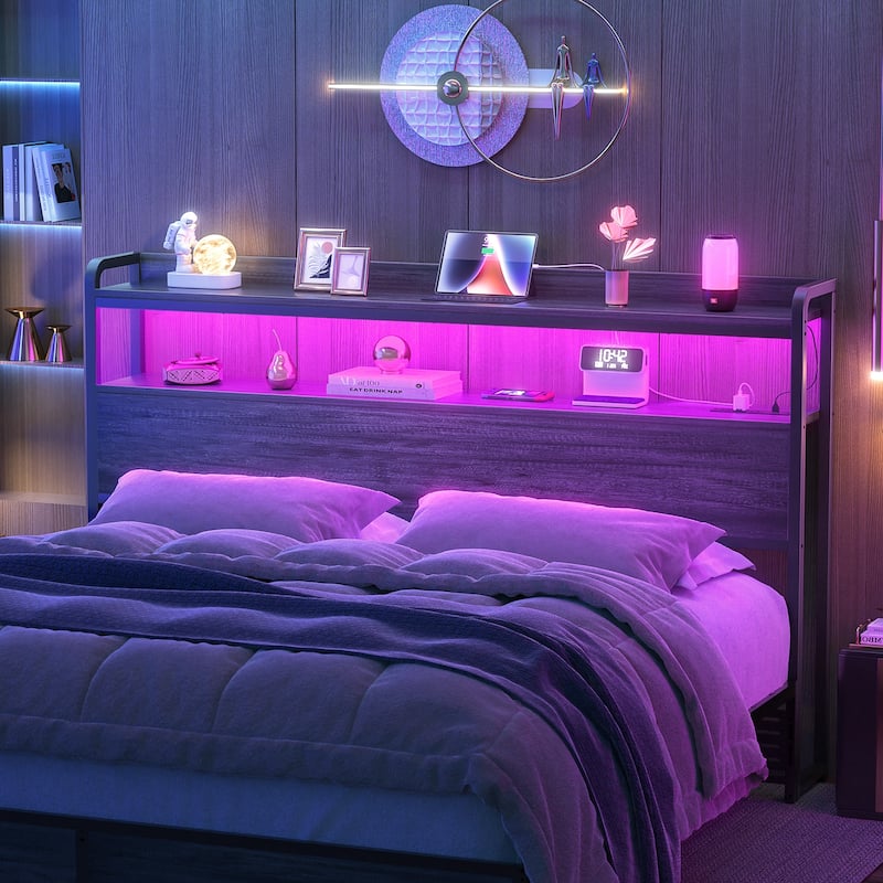 Headboard with Storage Drawers and LED Light, Head Board with Outlets, USB Ports