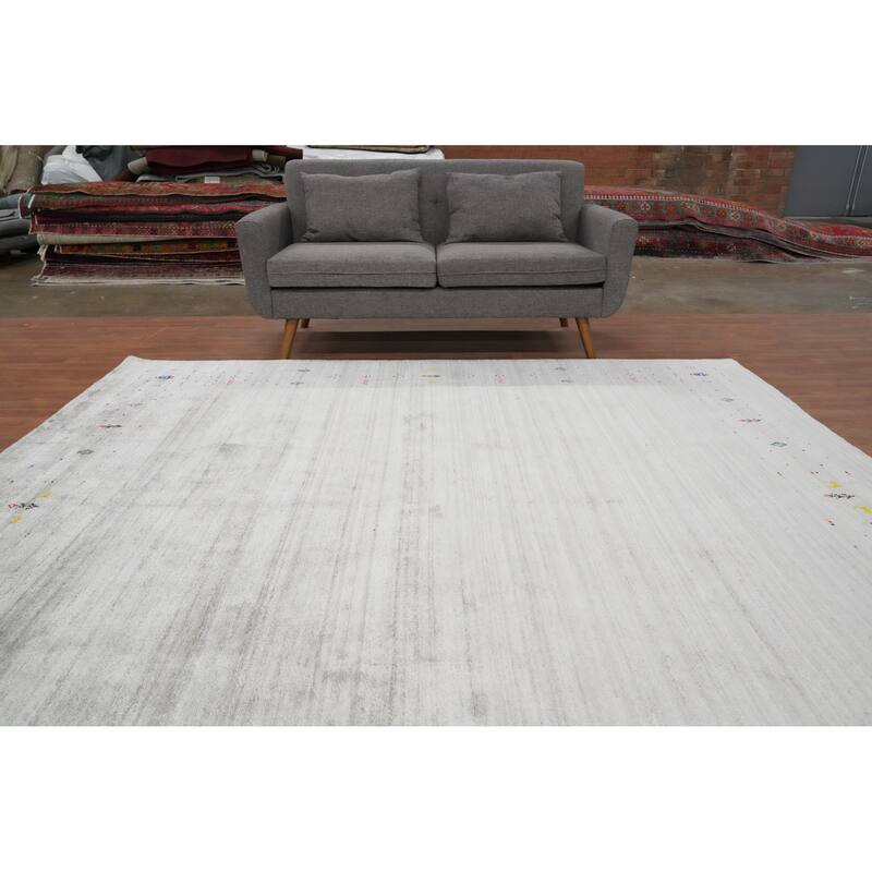 Hand Knotted Oriental Viscose Silk Carpet Tribal Animal Pictorial Greys & Charcoal Gabbeh Area Rug - 8' 9'' X 8' 10''