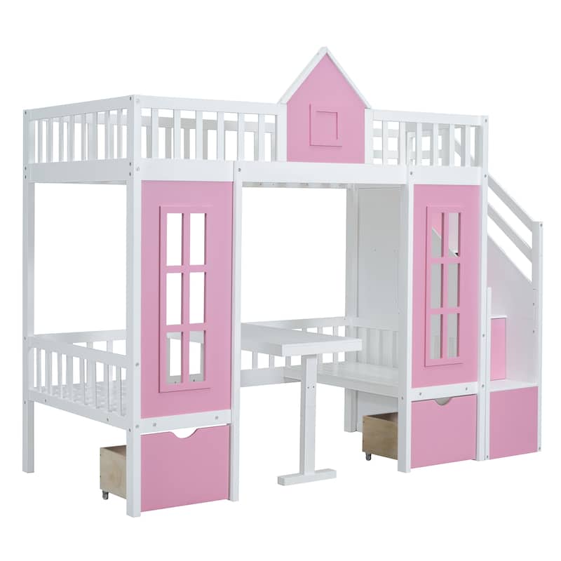 Twin-Over-Twin Bunk Bed with Changeable Table, Bunk Bed Turn into Upper Bed and Down Desk -Pink