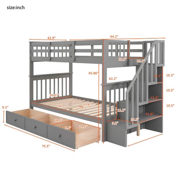 dimension image slide 2 of 3, Roomfitters Stairway Twin-Over-Twin Bunk Bed with Three Drawers, Sturdy Wooden Frame, Safety Guardrails, Space-Saving
