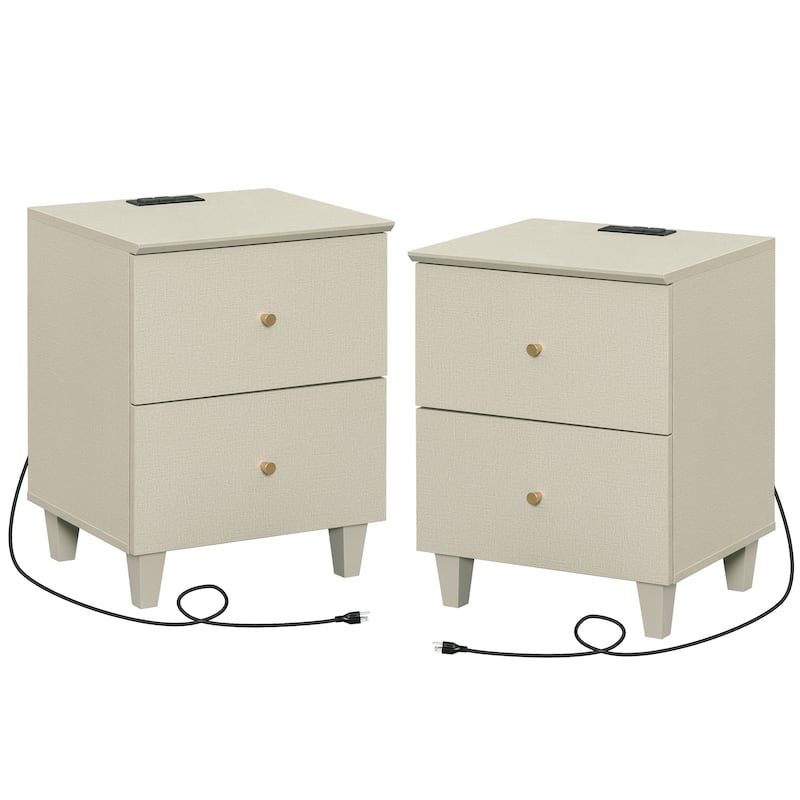 2 Drawer Nightstands with Charging Station for Bedroom - Beige-2 Packs - 2-drawer