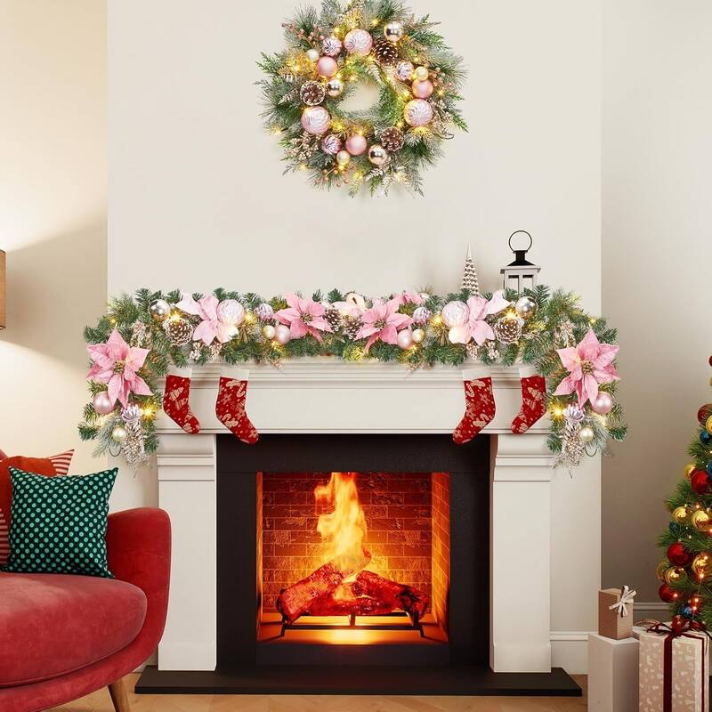 6ft Pink Flowers Christmas Garland with 20 LED Lights - N/A