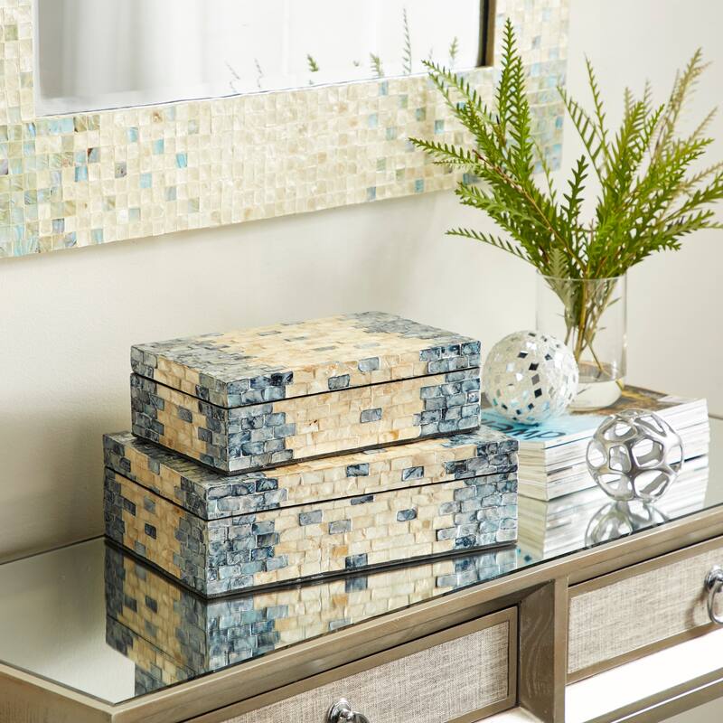 Blue Mother of Pearl Shell Handmade Decorative Box with Hinged Lid (Set of 2) - Blue