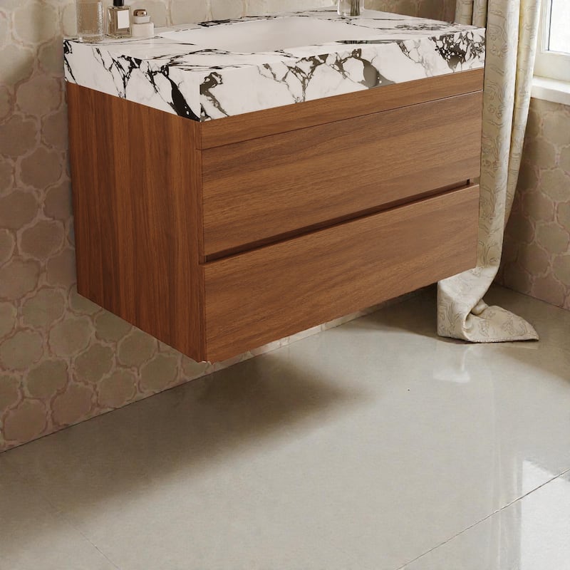 29.9" Floating Bathroom Vanity with Faux Marble Top, Ceramic Undermount Sink, Soft-Close Drawers for Modern Small Bathrooms