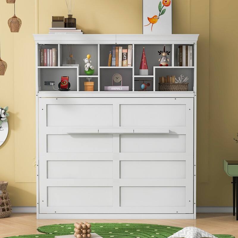 Queen Size Murphy Bed Wall Bed with Top Storage Shelves, Luxurious Foldable Storage Bed Frame with Charging Station
