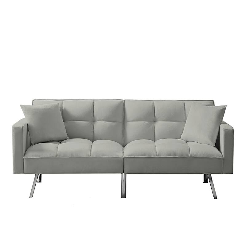 Velvet Futon Sofa Bed with Two Pillows, Convertible Sleeper Sofa Couch with 3 Angle Adjustable Backrest, Modern Loveseat