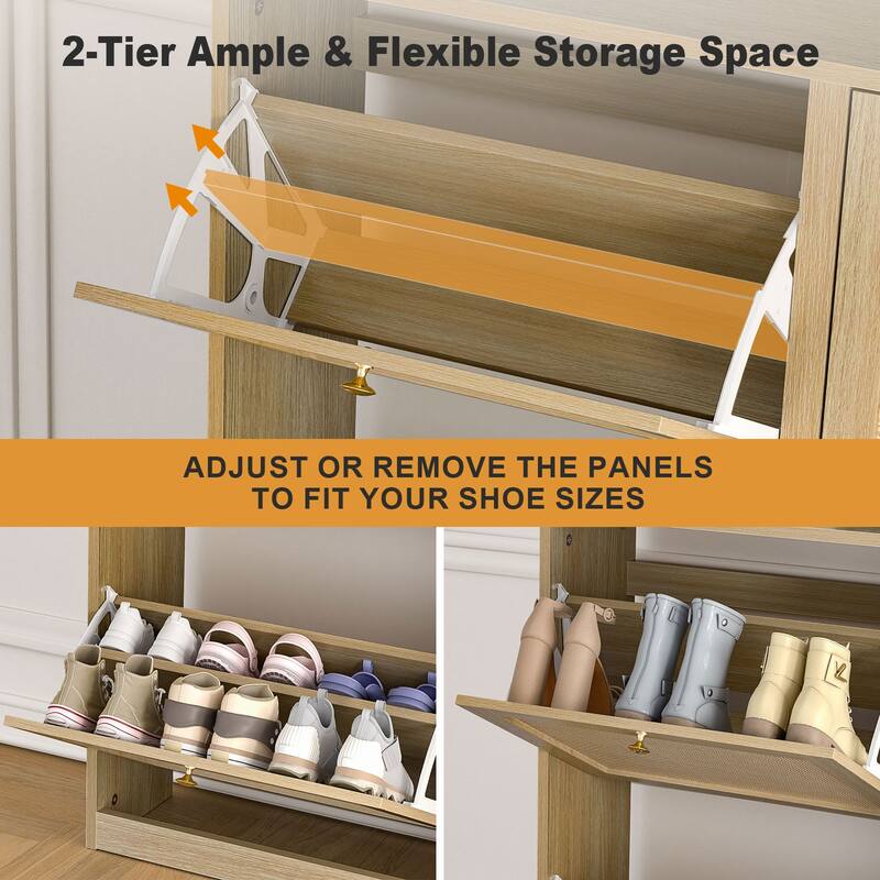 Anmytek 24 Pairs Large White Rattan Shoe Storage Cabinet with 4 Flip Drawers Narrow Shoe Storage Organizer for Entryway
