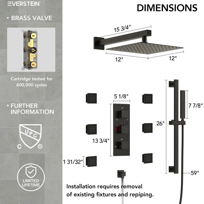Thermostatic Shower System 12" High-Pressure Rainfall Shower Head with Slide Bar Hand Shower