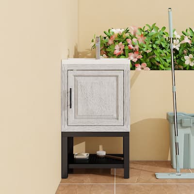 20" Small Bathroom Vanity with Sink & Hot and Cold Faucet, Freestanding Bathroom Cabinet with White Ceramic Basin