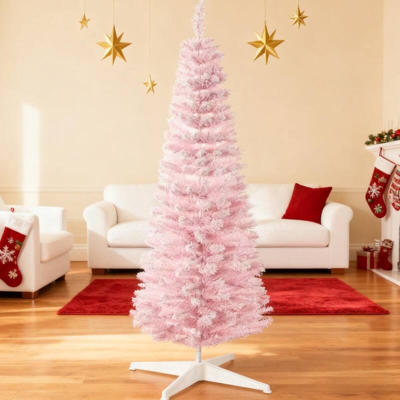 5' Snow Flocked Artificial Christmas Tree with Pencil Shape, Realistic Branches - Pink