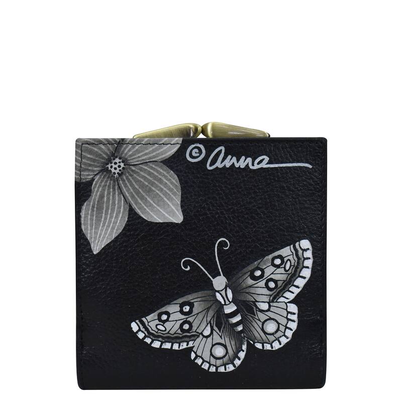 Handpainted Leather Ladies Two fold wallet - Butterfly Mosaic Black