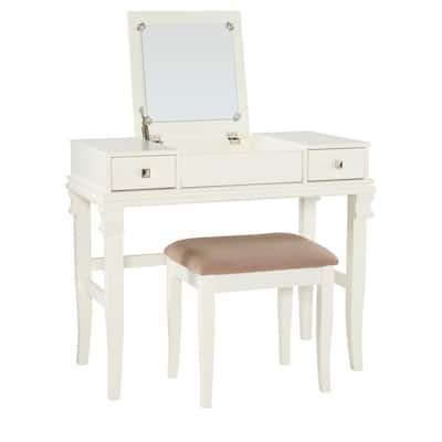 36" White Vanity Set with Mirror and Upholstered Stool