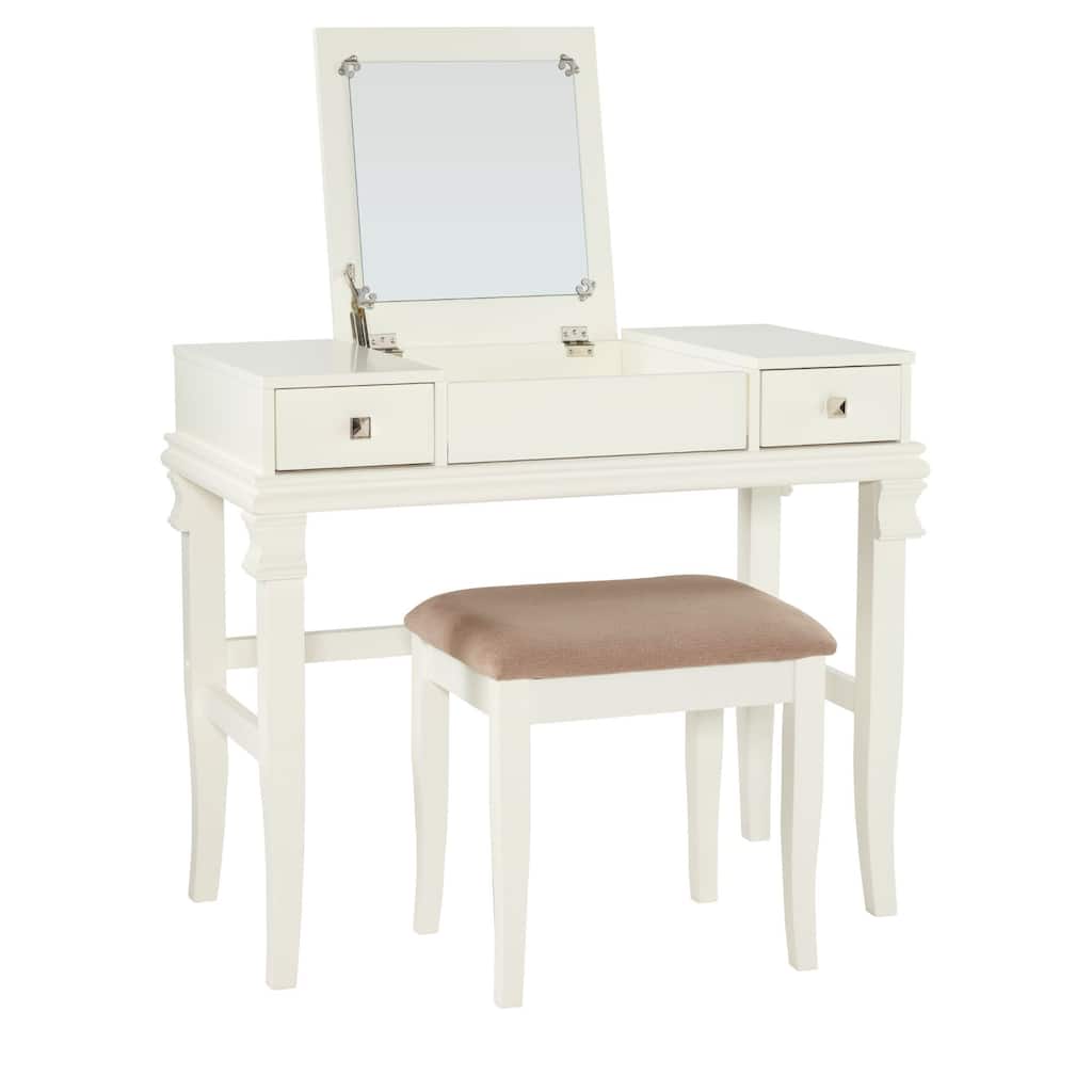 36" White Vanity Set with Mirror and Upholstered Stool