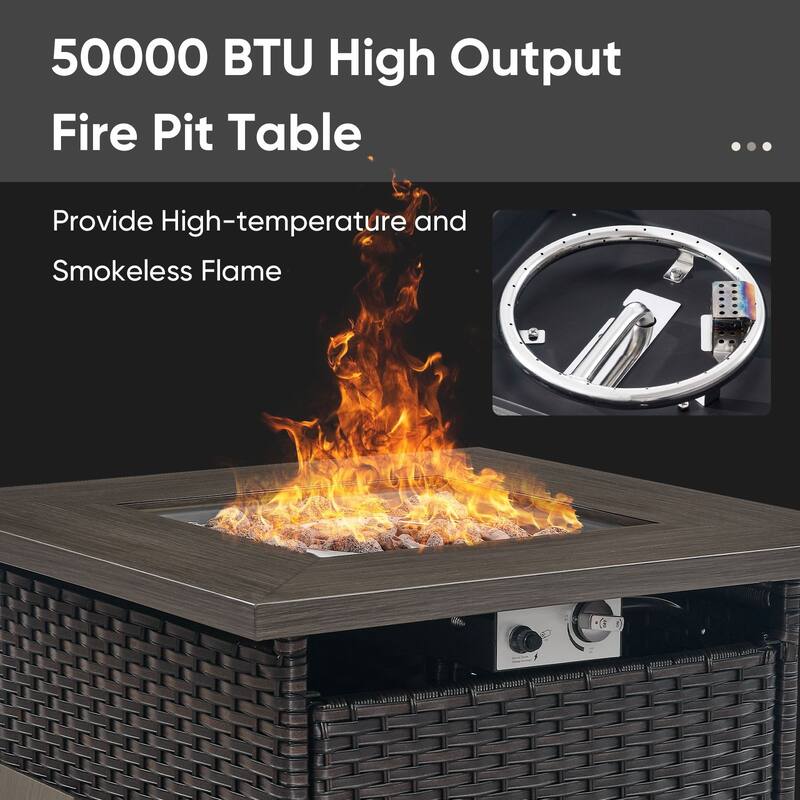 Pocassy Patio Outdoor Fire Table with Sofa Ottoman Swivel Chair Funiture Set.