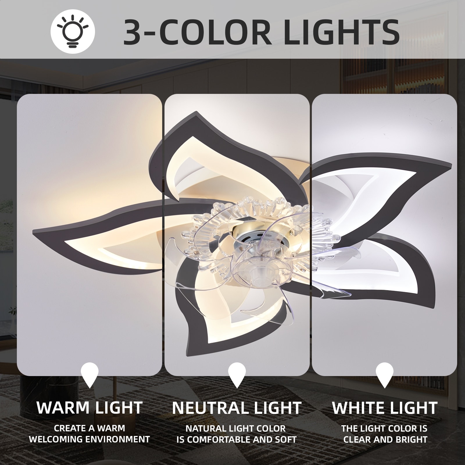 27In Ceiling Fan With Lights Remote Contro Dimmable Led,6 Gear Wind Speed Fan Light - 27inch