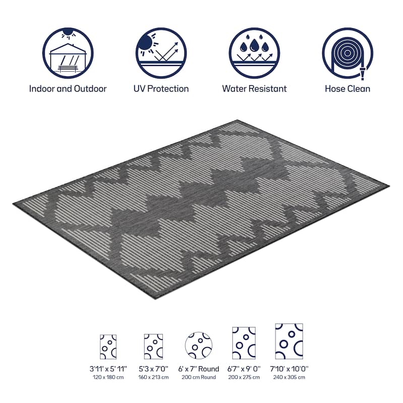 Beverly Rug Dark Grey Geometric Indoor Outdoor Rug, Outside Carpet for Patio, Deck, Porch