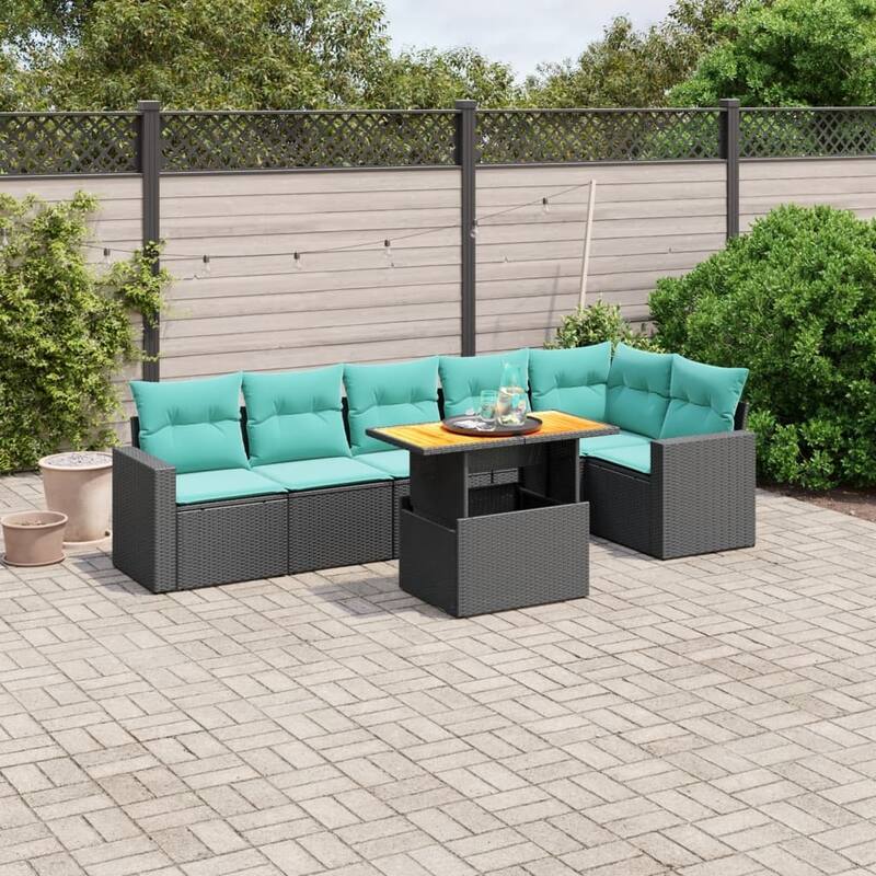 vidaXL Patio Sofa Set with Cushions Outdoor Furniture 7 Piece Poly Rattan - 24.4 x 24.4 x 27.2 - Black