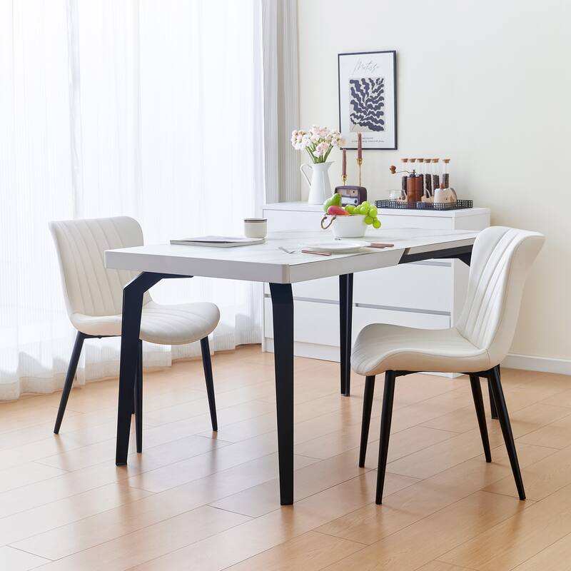 Pair of Cream White Mid-Century Modern Dining Chairs with Faux Leather Upholstery‌