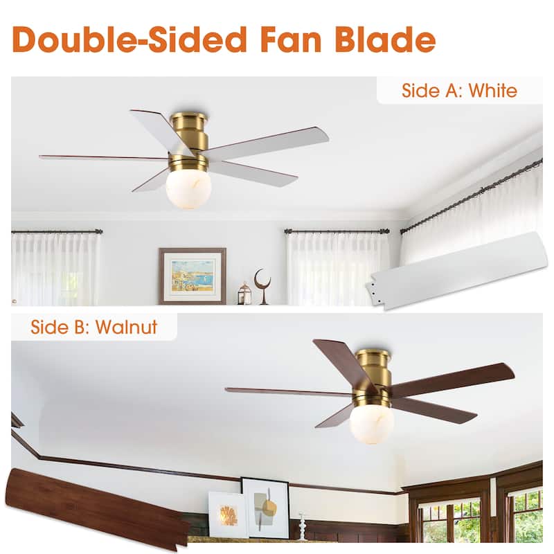 52" Modern Globe Frosted Glass Gold Flush Mount Ceiling Fan with Light and Remote