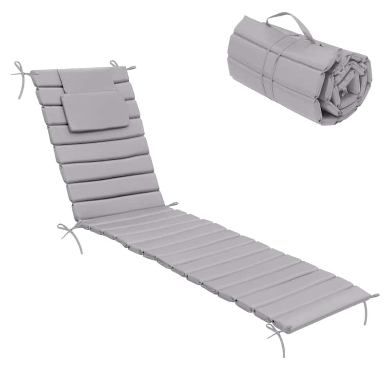 Outdoor Chaise Lounge Cushion, Quilted Patio Sun Lounger Pad with Straps - 1PC - Light Grey, Fits 78"-82" chaise