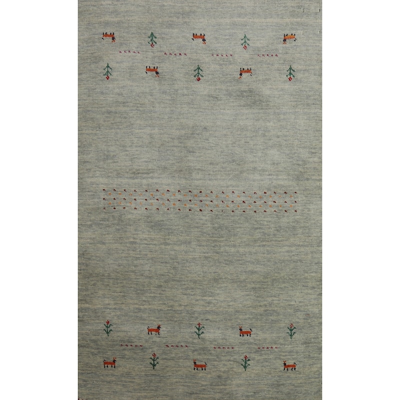 Hand Knotted Oriental 100% Wool Carpet Tribal Animal Pictorial Green Gabbeh Area Rug - 4' 11'' X 3' 0''