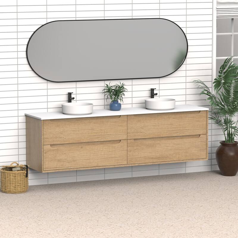 84" Solid Wood Bathroom Vanity with White Quartz Countertop Ceramic Vessel Sink