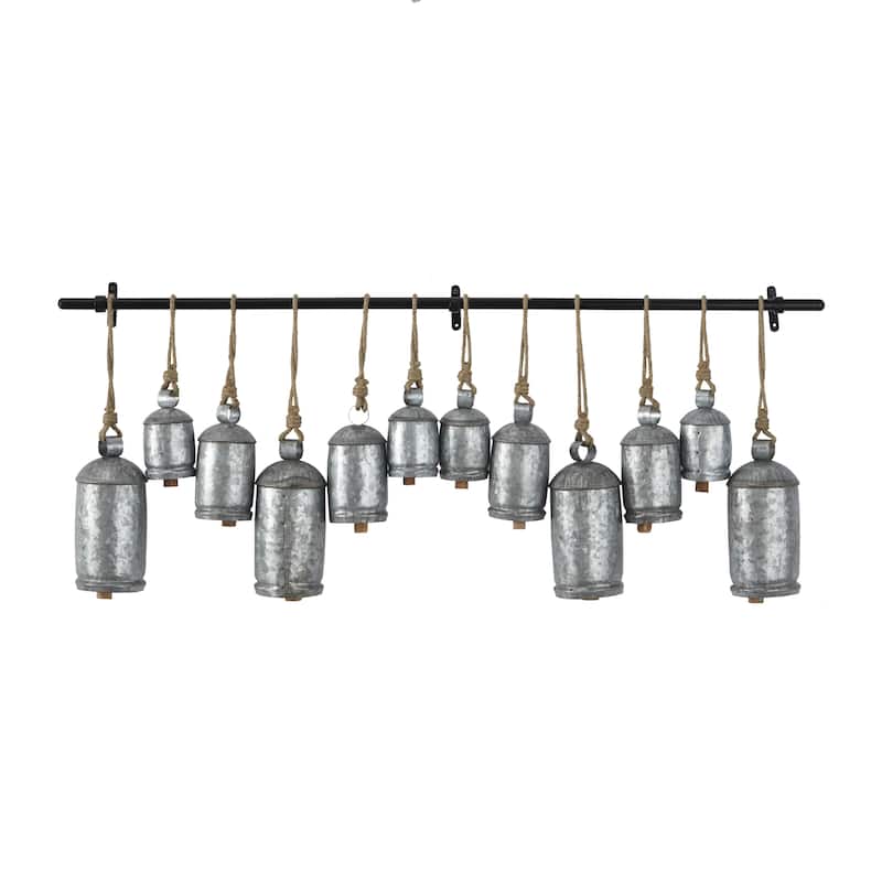 Metal Tibetan Inspired 12 Bell Decorative Cow Bells with Hanging Ropes and Rod - Silver or Gold - Roche River Decor - Silver
