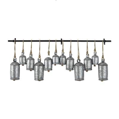 Metal Tibetan Inspired 12 Bell Decorative Cow Bells with Hanging Ropes and Rod - Silver or Gold - Roche River Decor