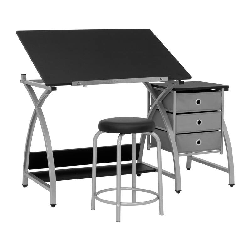 Studio Designs 2-Piece Comet Plus Drafting Table and Stool Set - Silver/Black