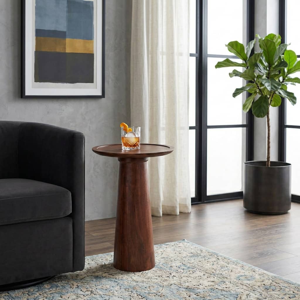 Modern Round Wood Pedestal Side Table with Pillar Base - 23", Brown - 23.0"