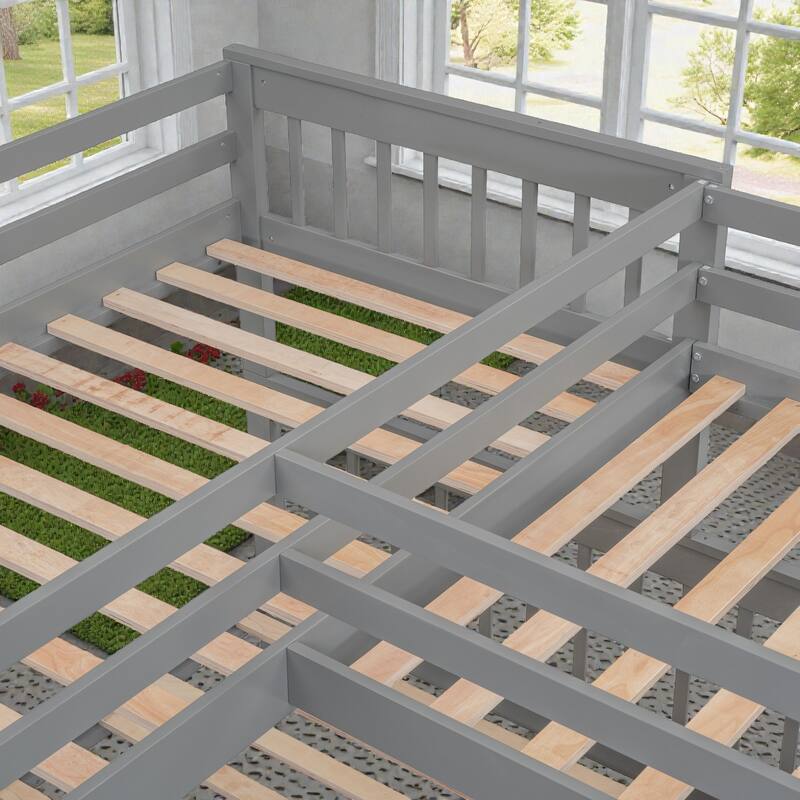 Twin Twin Over Full L-Shaped Bunk Bed with Drawers, Wardrobe and Retractable Desk, Pine Wood Frame