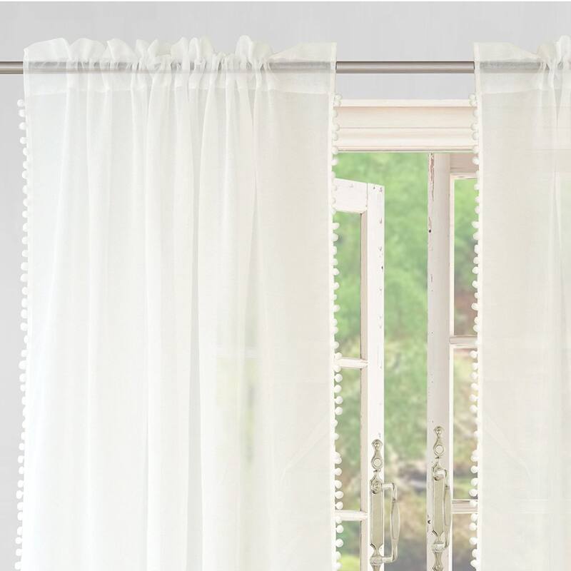 DriftAway Laura Pom Pom Sheer Window Curtain Panel Pair