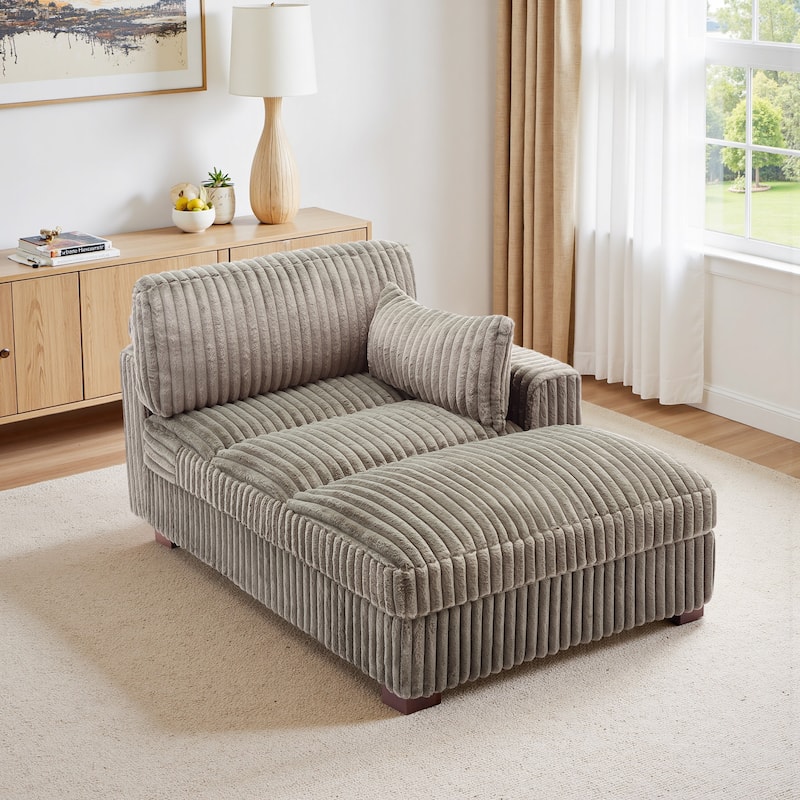 41" W Plush Corduroy Chaise Lounge with Pillows - Right Facing - Light Brown-Chaise