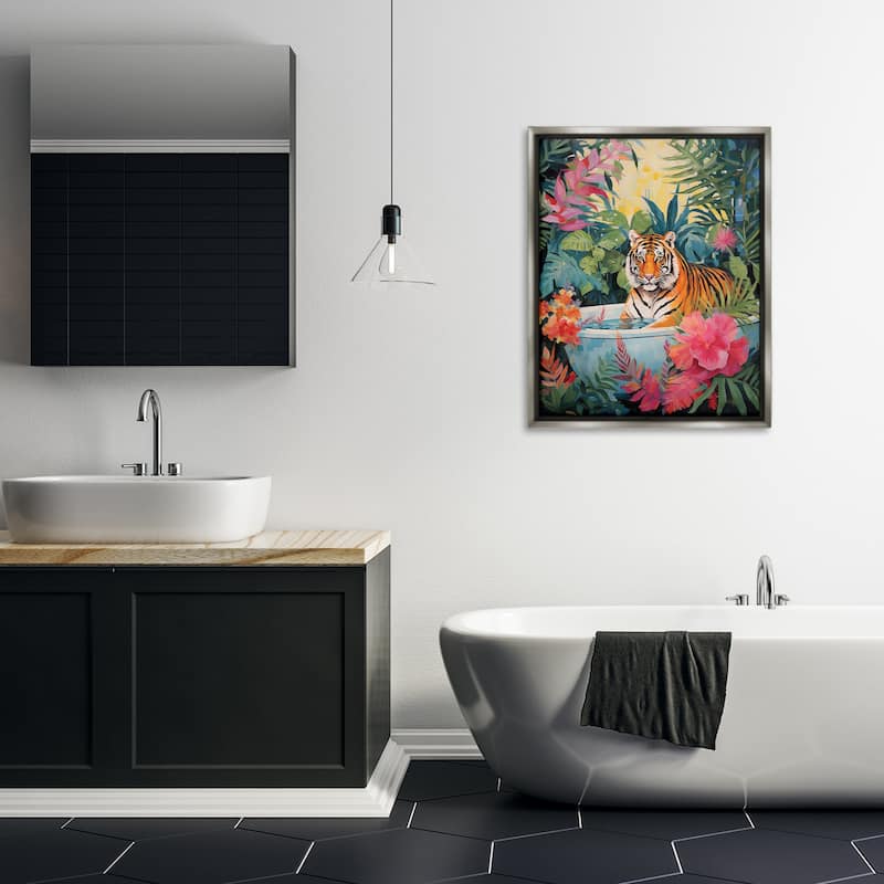 Stupell Tiger in Luxurious Bath Framed Floater Canvas Wall Art Design By Heidi Kuntz