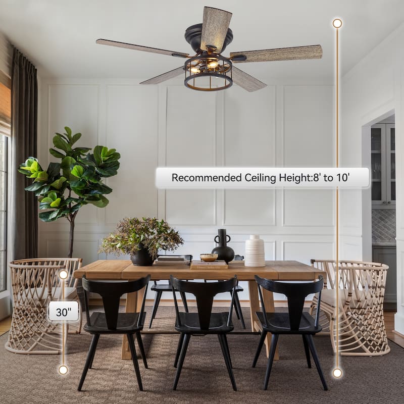 52 Inch Black Flush Mount Ceiling Fan with Lights Remote Control