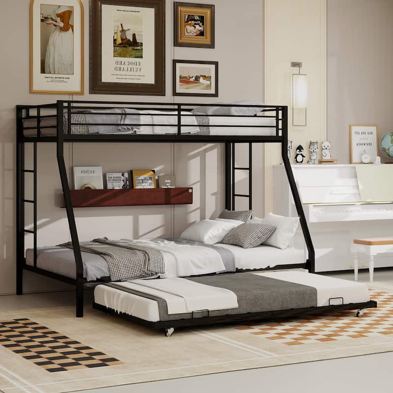 Modern Square Tube Bunk Bed with Ladder and Rolling Trundle Bed