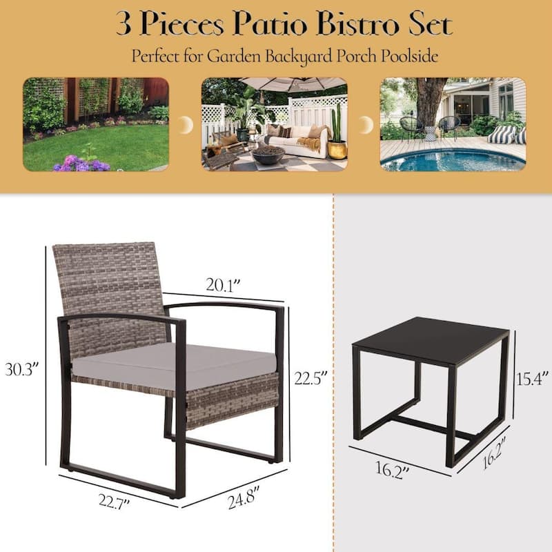 3-Piece Wicker Bistro Set, Outdoor Patio chairs & Coffee Table - set of 3