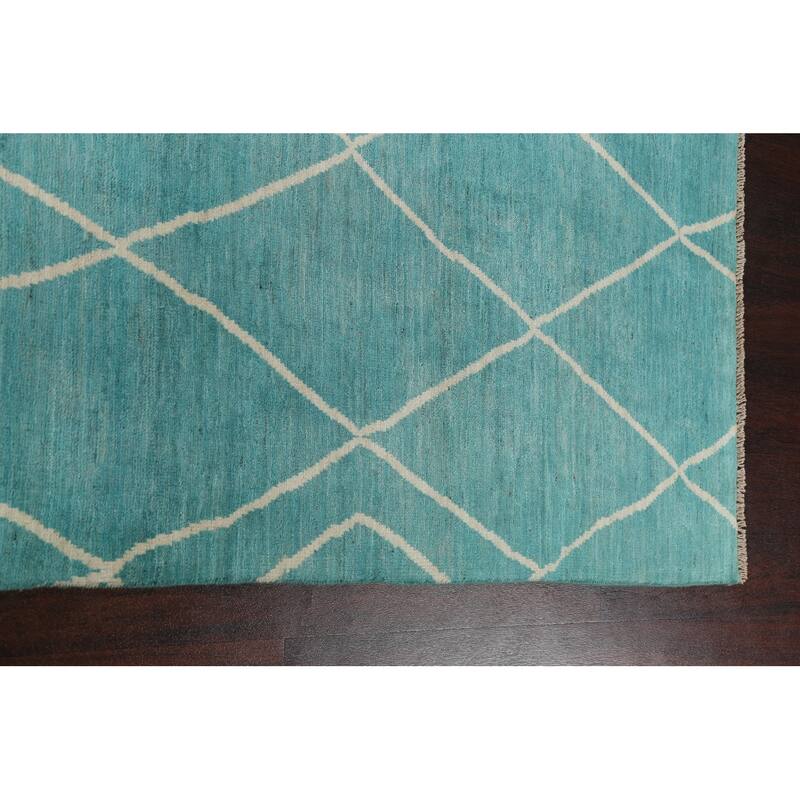 Turquoise Trellis Moroccan Vegetable Dye Area Rug Handmade Wool Carpet - 6'4" x 9'5"