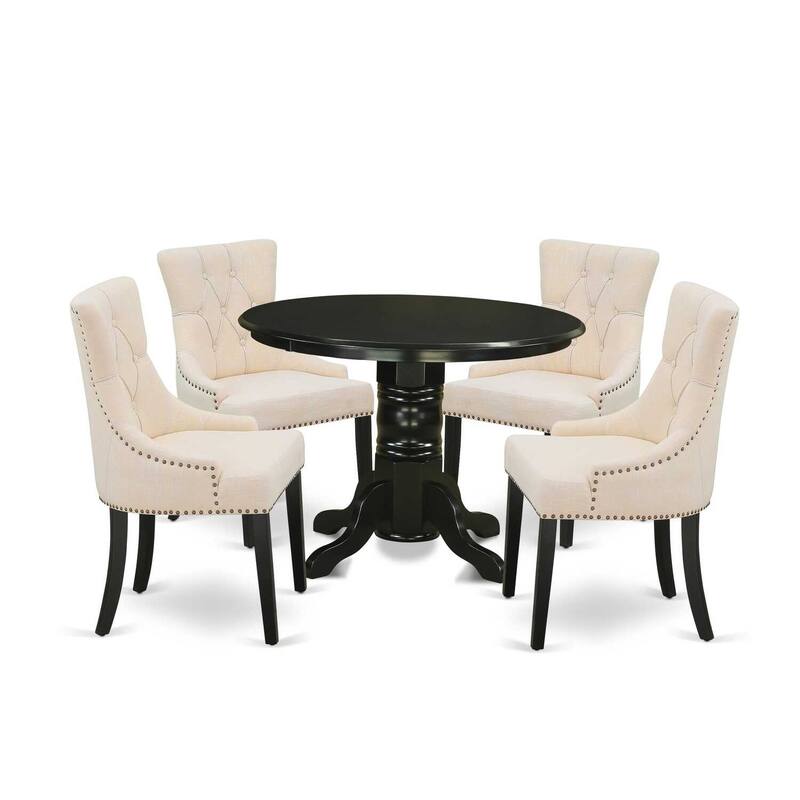 HomeStock 5-Piece Round Black Finish Solid Wood Top Dining Table with 4 Parson Chair with Lattice Back