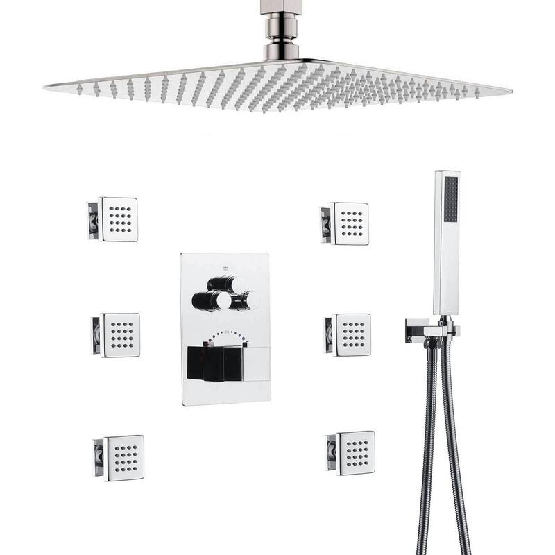 16" Ceiling Mount Rainfall 3 Way Thermostatic Faucet Shower System with 6 Body Jets - Chrome