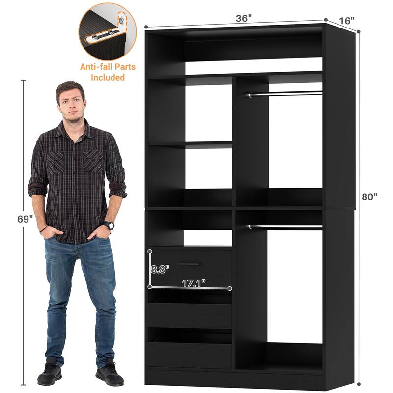 36" Freestanding Closet System With 3 Drawers and 2 Hanging Rods,Multi-Purpose Wardrobe Closet Rack