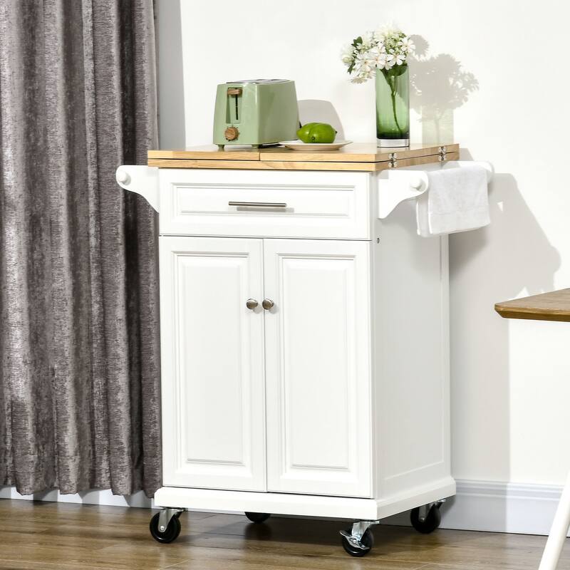 Modern Kitchen Island Drop Leaf Trolley Cart with Wheels 1 Drawer, 1 Door Cabinet and 2 Towel Racks, for Kitchen