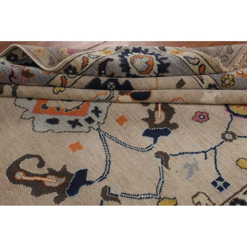 All-Over Floral Beige Oushak Oriental Area Rug Handmade Wool Carpet - 9'1" X 11'9"
