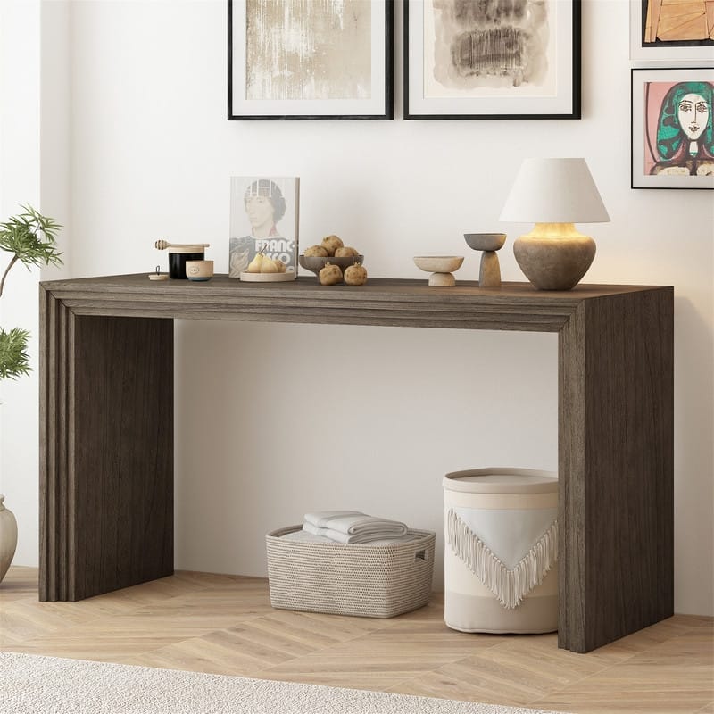 Modern Console Table with Unique Striped Design, Elegant Narrow Sofa Table Rectangular Entryway Table for Living Room - Natural