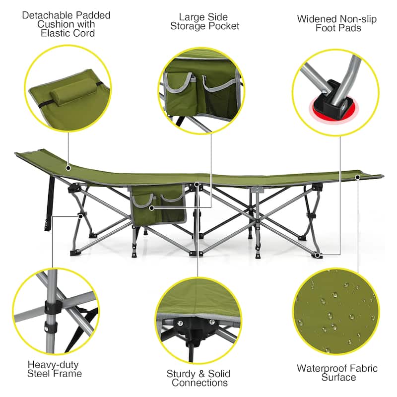 Folding Camping Cot Heavy-Duty Outdoor Cot Bed w/ Side Storage Pocket - 74'' x 26'' x 15.7''