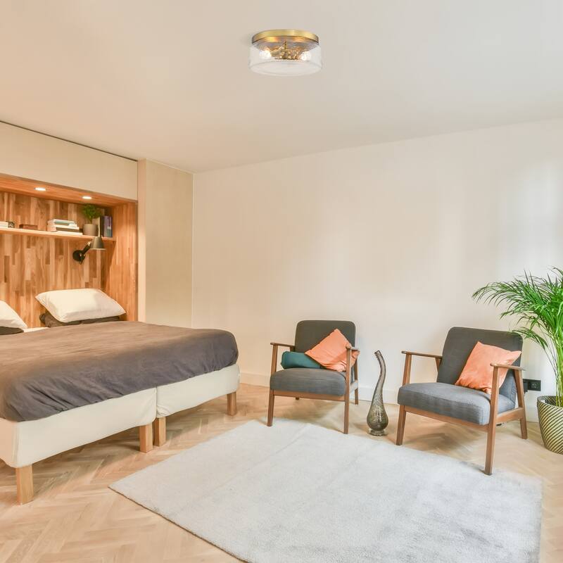 Rose Marie 13 in. 2-Light Brushed Gold Mid-Century Modern Semi Flush Mount with Clear Rippled Glass Shade for Bedrooms