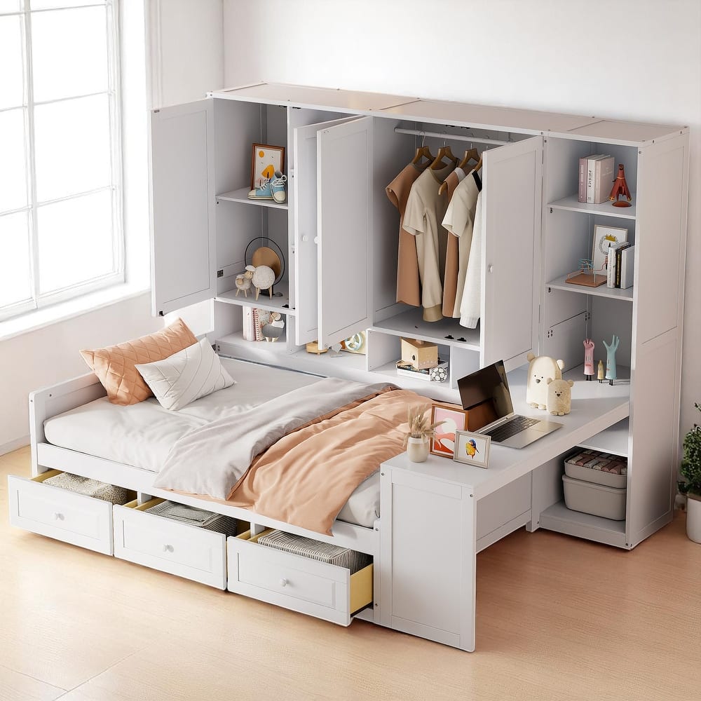 Multi-Functional Wooden Daybed with Storage, Desk, and Shelving for Twin/Full Size