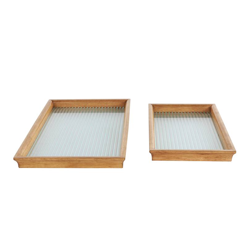 Brown Wood Nesting Living Room Decor Tray with Fluted Glass Bases (Set of 2)