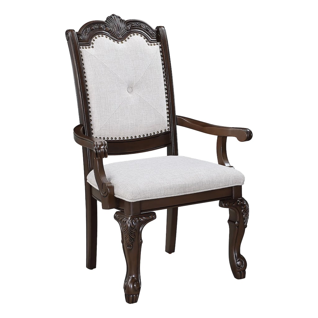 Cary Dining Armchair Set of 2, Beige Linen, Scrolled Coffee Brown Wood